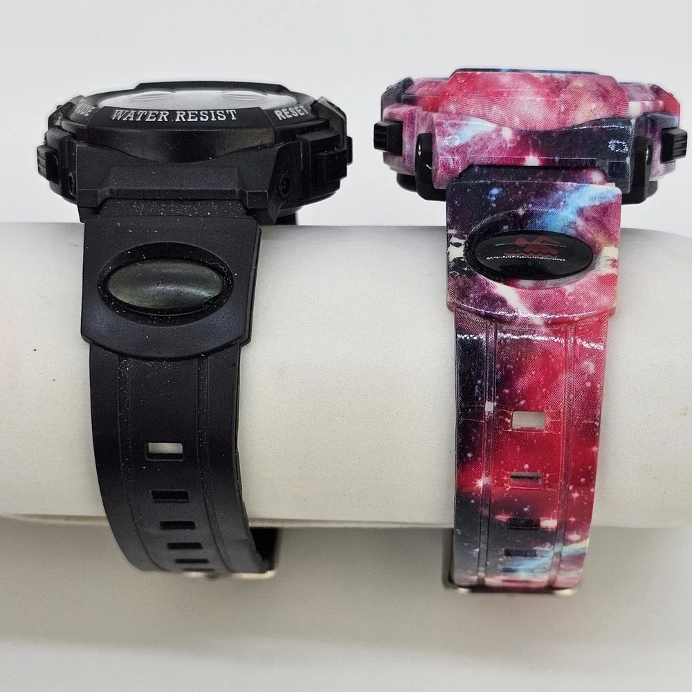 2X Digital Sports Girls Watches 37MM Black Multicolor Case Plastic Bands WORKING